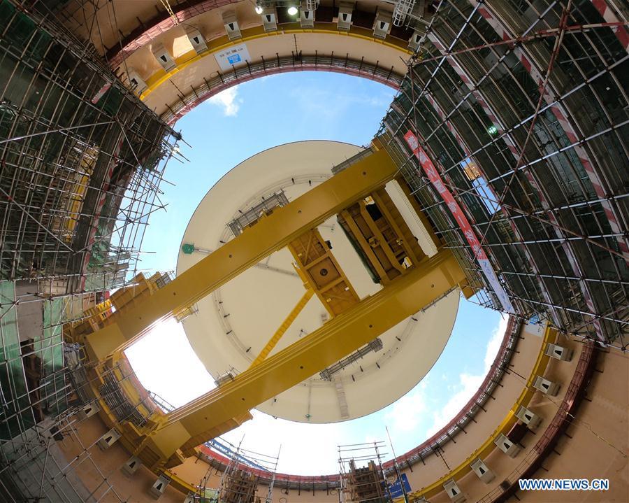 Photo taken on May 23, 2018 shows the installation site of a hemispherical dome at the No. 3 unit of Fangchenggang nuclear power station in south China\'s Guangxi Zhuang Autonomous Region. The dome has been installed on a reactor at China\'s nuclear power project in Fangchenggang using Hualong One technology, a domestically-developed third generation reactor design. (Xinhua/Fangchenggang Nuclear Power Co., Ltd.)