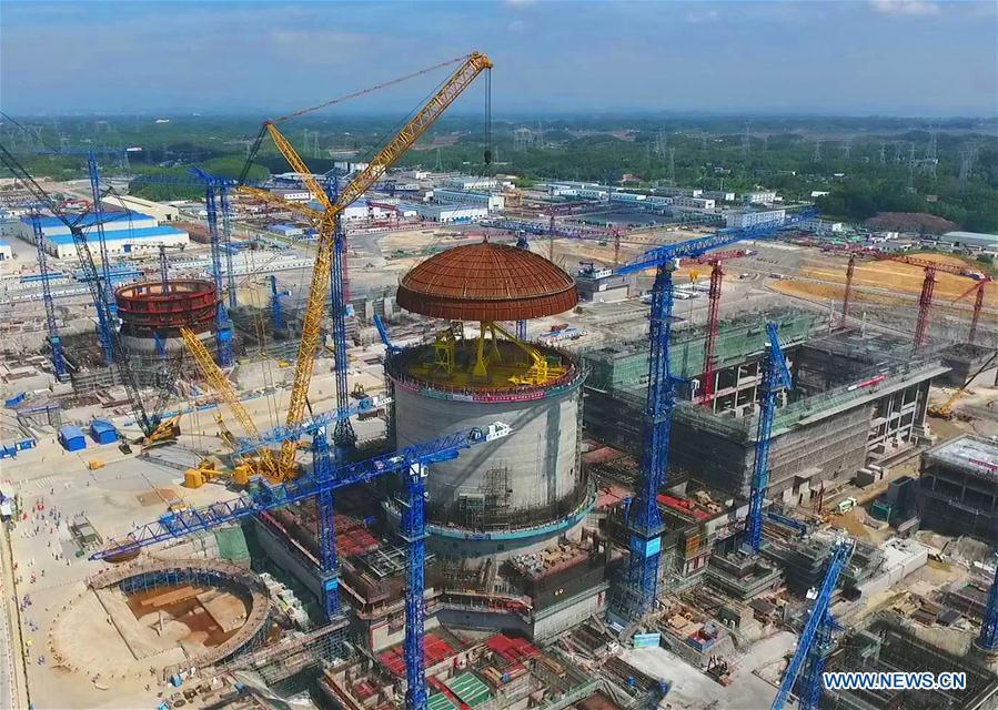 Photo taken on May 23, 2018 shows the installation site of a hemispherical dome at the No. 3 unit of Fangchenggang nuclear power station in south China\'s Guangxi Zhuang Autonomous Region. The dome has been installed on a reactor at China\'s nuclear power project in Fangchenggang using Hualong One technology, a domestically-developed third generation reactor design. (Xinhua/Fangchenggang Nuclear Power Co., Ltd.)