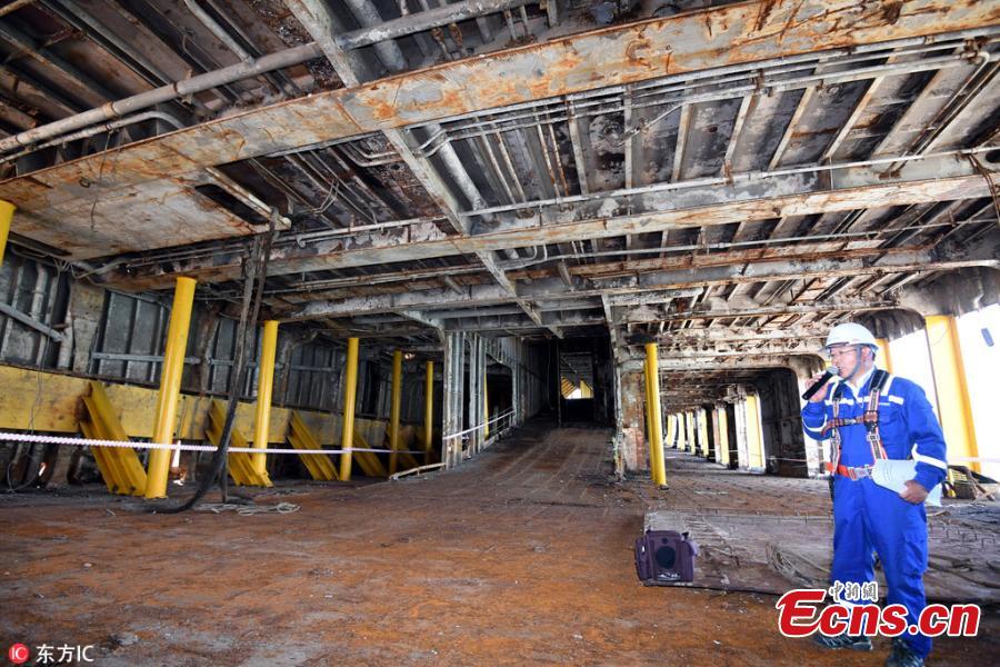 Picture taken on May 24, 2018 shows a view inside passenger ferry Sewol in Mokpo, South Korea. Passenger ferry Sewol sank in waters off the country\'s southwestern coast on April 16, 2014, killing more than 300 people. (Photo/IC)