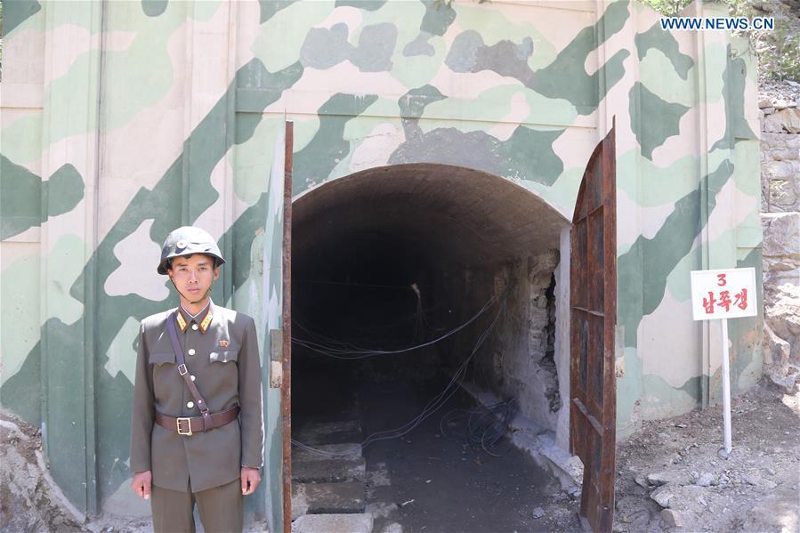 Photo taken on May 24, 2018 shows the entrance of the No. 3 tunnel before explosions at the nuclear test site of Punggye-ri, the Democratic People\'s Republic of Korea. The Democratic People\'s Republic of Korea has confirmed the demolition of its nuclear test site at Punggye-ri on Thursday, saying that all the tunnels have been collapsed by explosions and their entrances completely closed, according to the Korean Central News Agency (KCNA). (Xinhua/Cheng Dayu)