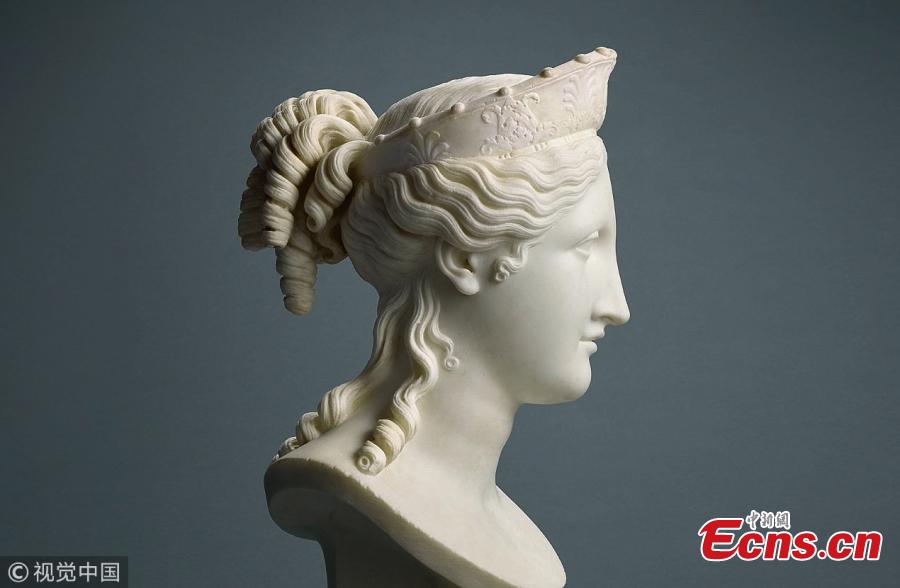 The Bust of Peace, a recently rediscovered white marble sculpture by Antonio Canova (1757-1822), one of the most celebrated and expensive sculptors of the early 19th century. The figure of peace was given to Canova’s long-time British patron whose family owned it for generations. The sculpture will be auctioned on July 4, in first public outing in 200 years, and is expected to make over ?1m($1.32m), according to Sotheby’s in London. (Photo/VCG)