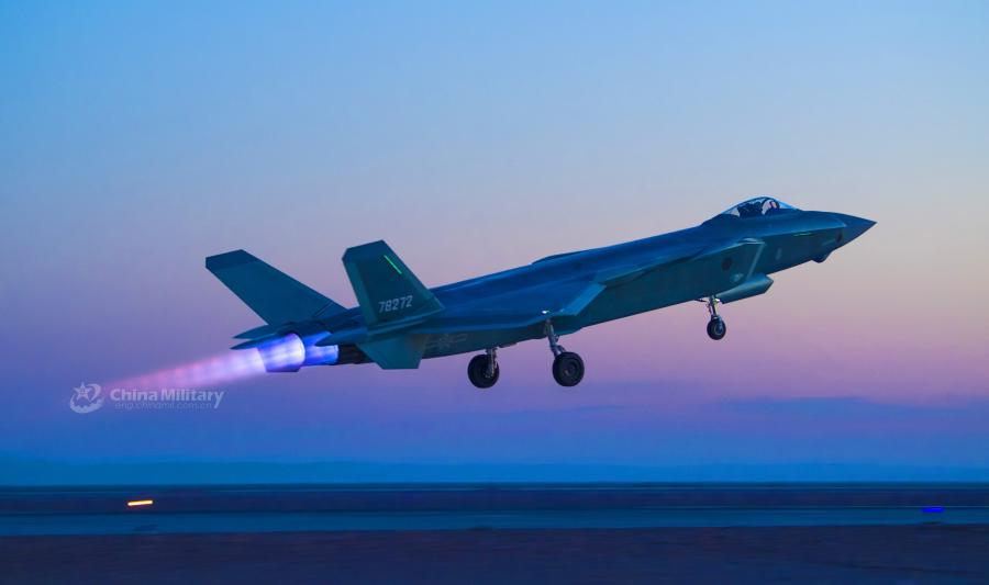 Undated file photo shows China\'s J-20 stealth fighter jet takes off for a night confrontation training mission during a coordinated tactical training exercise with J-16 fighter jets and J-10c fighter jets in an effort to boost the PLA Air Force\'s combat capability. (Photo/eng.chinamil.com.cn)