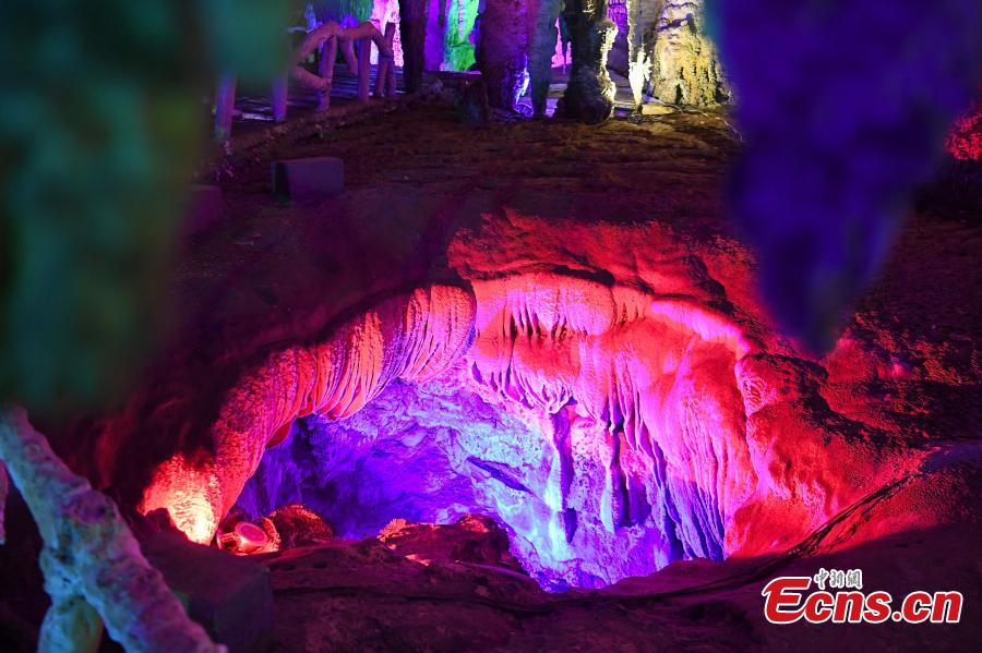 A view of illuminated stalactite formations at the Jixingyan scenic area in Debao County, South China’s Guangxi Zhuang Autonomous Region, June 3, 2018. Jixingyan is a 4A tourist attraction, the second-highest on China’s tourism scale. (Photo: China News Service/Chen Wen)