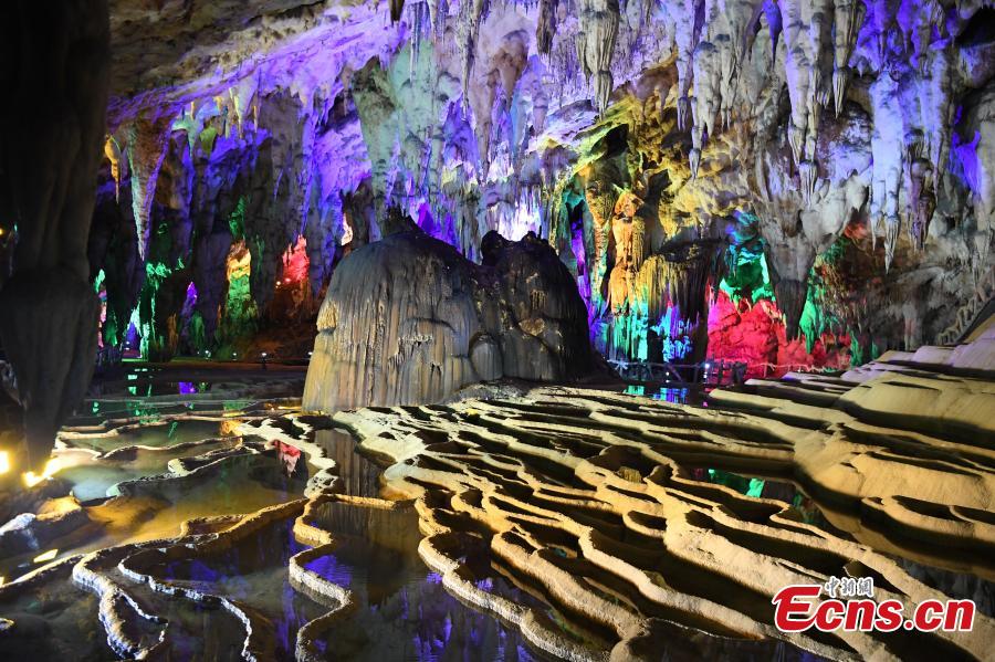 A view of illuminated stalactite formations at the Jixingyan scenic area in Debao County, South China’s Guangxi Zhuang Autonomous Region, June 3, 2018. Jixingyan is a 4A tourist attraction, the second-highest on China’s tourism scale. (Photo: China News Service/Chen Wen)