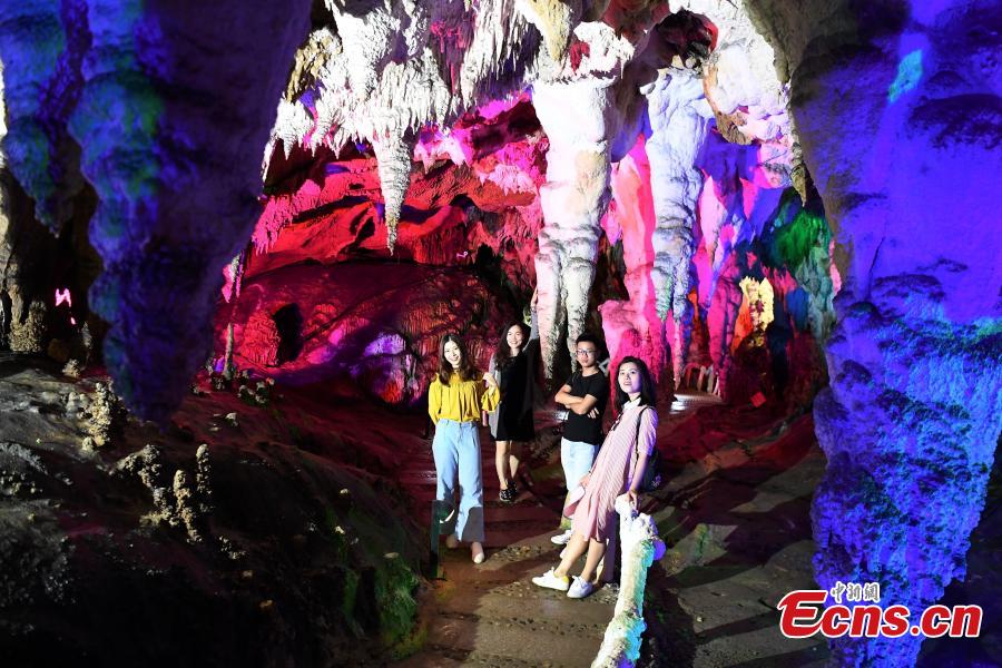 A view of illuminated stalactite formations at the Jixingyan scenic area in Debao County, South China’s Guangxi Zhuang Autonomous Region, June 3, 2018. Jixingyan is a 4A tourist attraction, the second-highest on China’s tourism scale. (Photo: China News Service/Chen Wen)