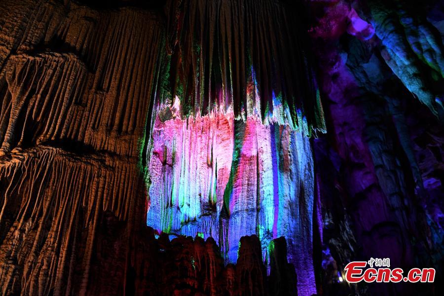 A view of illuminated stalactite formations at the Jixingyan scenic area in Debao County, South China’s Guangxi Zhuang Autonomous Region, June 3, 2018. Jixingyan is a 4A tourist attraction, the second-highest on China’s tourism scale. (Photo: China News Service/Chen Wen)