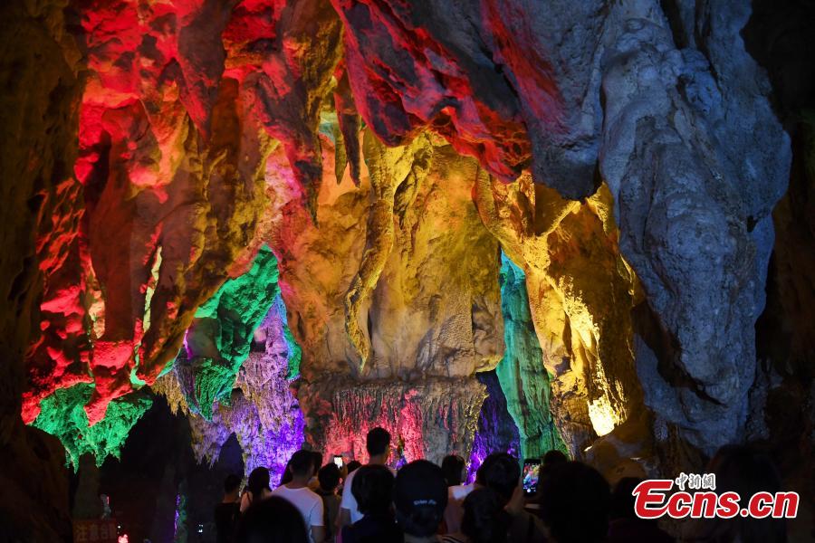 A view of illuminated stalactite formations at the Jixingyan scenic area in Debao County, South China’s Guangxi Zhuang Autonomous Region, June 3, 2018. Jixingyan is a 4A tourist attraction, the second-highest on China’s tourism scale. (Photo: China News Service/Chen Wen)