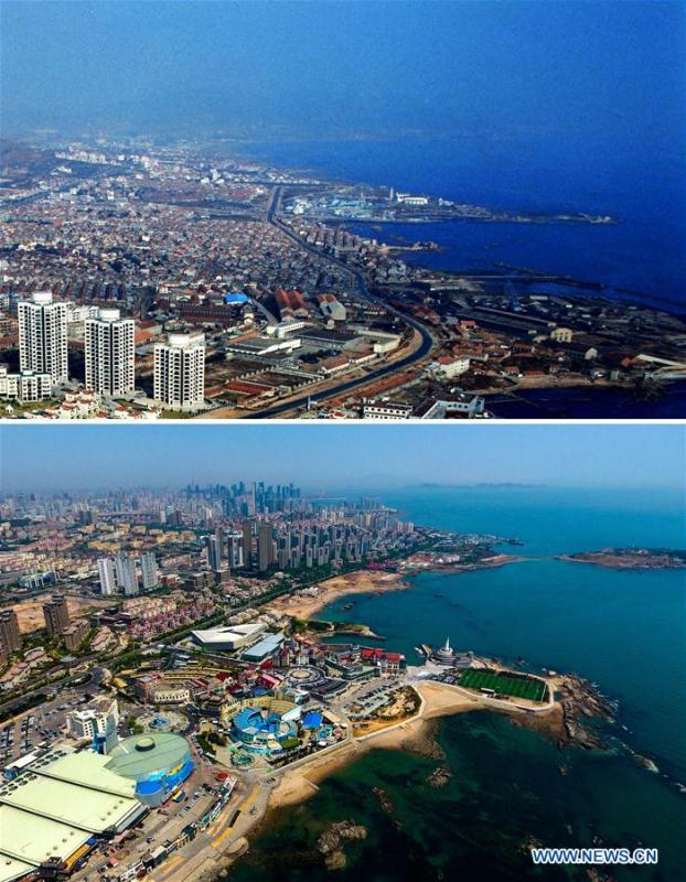 Combined photos show aerial views of Maidao in Qingdao, east China\'s Shandong Province, taken respectively in 1996 (upper) and on May 4, 2018. Development of the coastal city can be seen from the file photos of Qingdao taken by photographer Zhang Yan on a helicopter since 1996 and the new ones taken by drones. Qingdao, as one of the first Chinese cities to open up, was an important port for the Belt and Road, and that people could sense the extensive, profound local culture and the vitality of China\'s reform and opening-up. (Xinhua/Zhang Yan, Li Ziheng)