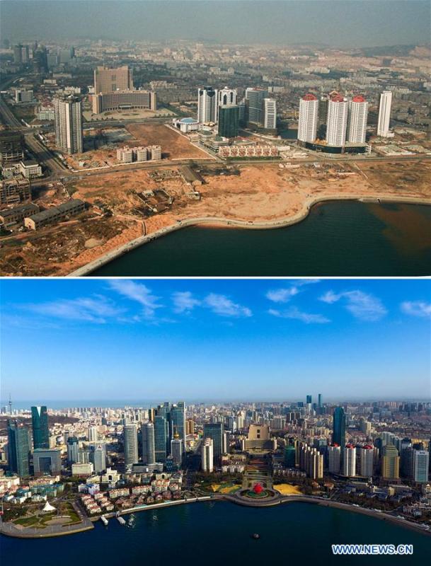 Combined photos show aerial views of Wusi Square in Qingdao, east China\'s Shandong Province, taken respectively in 1996 (upper) and on April 16, 2018. Development of the coastal city can be seen from the file photos of Qingdao taken by photographer Zhang Yan on a helicopter since 1996 and the new ones taken by drones. Qingdao, as one of the first Chinese cities to open up, was an important port for the Belt and Road, and that people could sense the extensive, profound local culture and the vitality of China\'s reform and opening-up. (Xinhua/Zhang Yan, Guo Xulei)