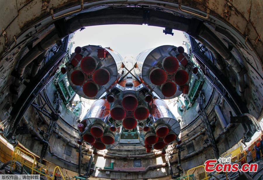 The Soyuz MS-09 spacecraft for the next International Space Station (ISS) crew, formed of astronauts Serena Aunon-Chancellor of the U.S, Alexander Gerst of Germany and cosmonaut Sergey Prokopyev of Russia, is seen being set at the launchpad ahead of its upcoming launch, at the Baikonur Cosmodrome, Kazakhstan, June 4, 2018. (Photo/Agencies)