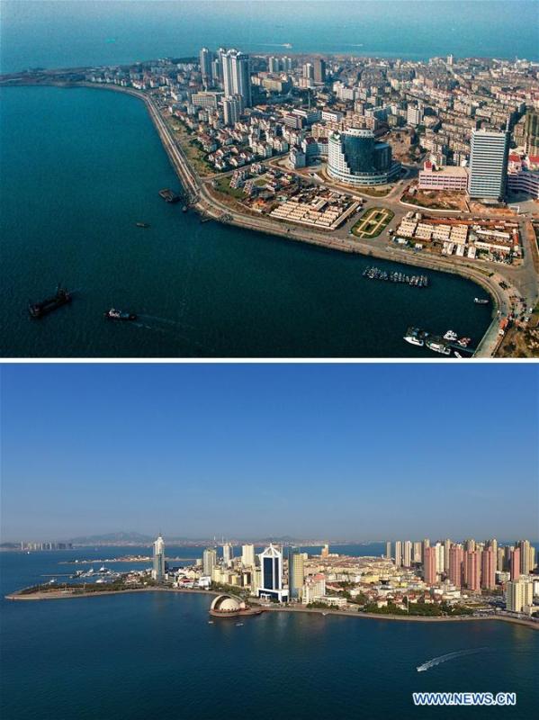 Combined photos show aerial views of Tuandao in Qingdao, east China\'s Shandong Province, taken respectively in 1996 (upper) and on May 4, 2018. Development of the coastal city can be seen from the file photos of Qingdao taken by photographer Zhang Yan on a helicopter since 1996 and the new ones taken by drones. Qingdao, as one of the first Chinese cities to open up, was an important port for the Belt and Road, and that people could sense the extensive, profound local culture and the vitality of China\'s reform and opening-up. (Xinhua/Zhang Yan, Li Ziheng)