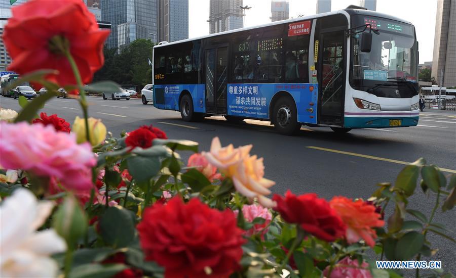 A bus runs on a street in Qingdao, east China\'s Shandong Province, June 4, 2018. The 18th Shanghai Cooperation Organization (SCO) Summit is scheduled for June 9 to 10 in Qingdao. (Xinhua/Ma Ning)