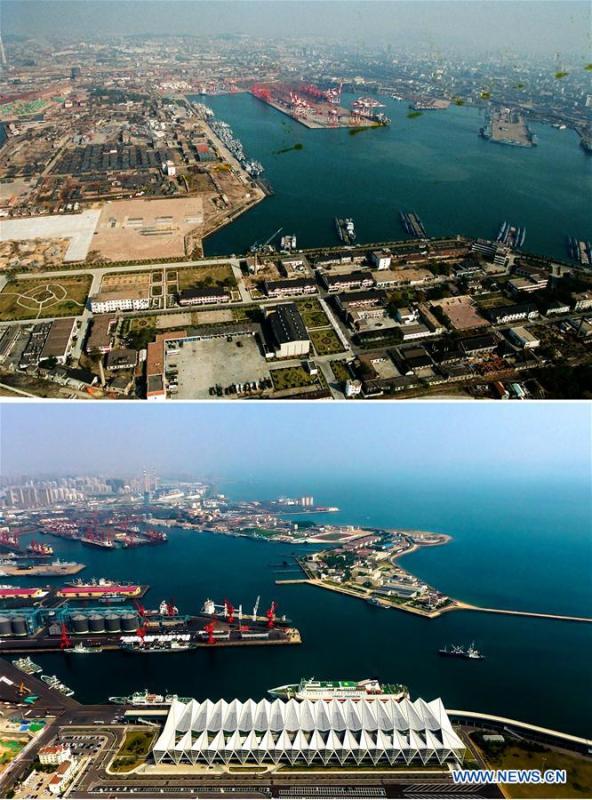 Combined photos show aerial views of Qingdao Port in Qingdao, east China\'s Shandong Province, taken respectively in 1996 (upper) and on May 7, 2018. Development of the coastal city can be seen from the file photos of Qingdao taken by photographer Zhang Yan on a helicopter since 1996 and the new ones taken by drones. Qingdao, as one of the first Chinese cities to open up, was an important port for the Belt and Road, and that people could sense the extensive, profound local culture and the vitality of China\'s reform and opening-up. (Xinhua/Zhang Yan, Guo Xulei)