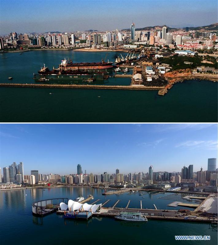 Combined photos show aerial views of Olympic Sailing Center, which used to be a shipyard, in Qingdao, east China\'s Shandong Province, taken respectively in 2000 (upper) and on April 16, 2018. Development of the coastal city can be seen from the file photos of Qingdao taken by photographer Zhang Yan on a helicopter since 1996 and the new ones taken by drones. Qingdao, as one of the first Chinese cities to open up, was an important port for the Belt and Road, and that people could sense the extensive, profound local culture and the vitality of China\'s reform and opening-up. (Xinhua/Zhang Yan, Guo Xulei)