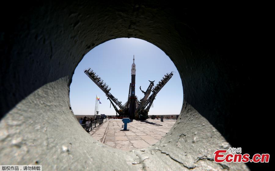 The Soyuz MS-09 spacecraft for the next International Space Station (ISS) crew, formed of astronauts Serena Aunon-Chancellor of the U.S, Alexander Gerst of Germany and cosmonaut Sergey Prokopyev of Russia, is seen being set at the launchpad ahead of its upcoming launch, at the Baikonur Cosmodrome, Kazakhstan, June 4, 2018. (Photo/Agencies)