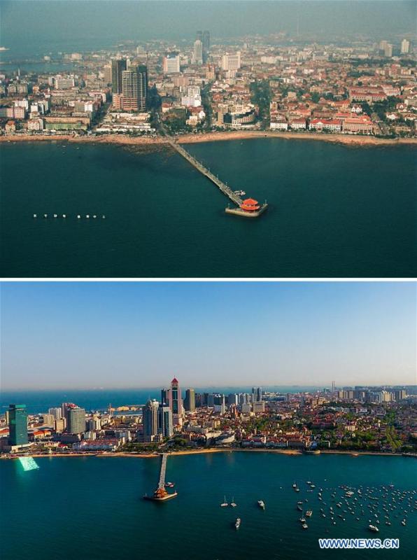 Combined photos show aerial views of Zhanqiao Pier in Qingdao, east China\'s Shandong Province, taken respectively in 1996 (upper) and on May 4, 2018. Development of the coastal city can be seen from the file photos of Qingdao taken by photographer Zhang Yan on a helicopter since 1996 and the new ones taken by drones. Qingdao, as one of the first Chinese cities to open up, was an important port for the Belt and Road, and that people could sense the extensive, profound local culture and the vitality of China\'s reform and opening-up. (Xinhua/Zhang Yan, Guo Xulei)
