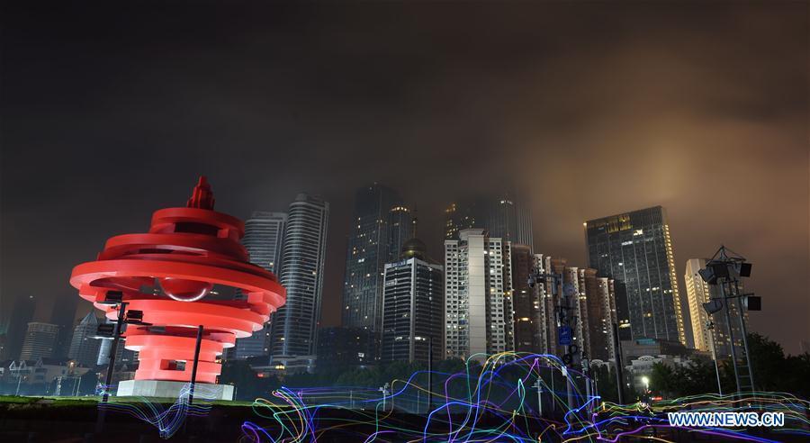Photo taken on June 4, 2018 shows the night view of Wusi Square in Qingdao, east China\'s Shandong Province. The 18th Shanghai Cooperation Organization (SCO) Summit is scheduled for June 9 to 10 in Qingdao. (Xinhua/Ma Ning)