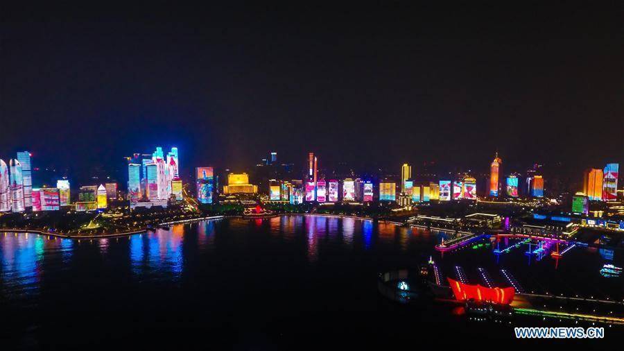 Photo taken on May 7, 2018 shows the night view of Fushan Bay in Qingdao, east China\'s Shandong Province. The 18th Shanghai Cooperation Organization (SCO) Summit is scheduled for June 9 to 10 in Qingdao. (Xinhua/Guo Xulei)