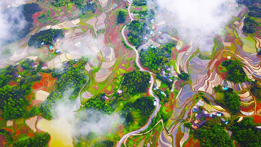 The aerial photo series of the countryside in SW China\'s Chongqing Liangping district wins the first prize at the 2018 National Yangtze River Photo Competition held by the Office of the Central Cyberspace Affairs Commission, the Ministry of Ecology and Environment and 11 local cyberspace affairs commissions in the Yangtze River Economic Belt. The photos were shot in April at Tiemen village, Tiemen county. The photo competition attracted 1,395 participants from all walks of life and their works reflected the natural beauty and people\'s life along the river. (Photo/China Daily)