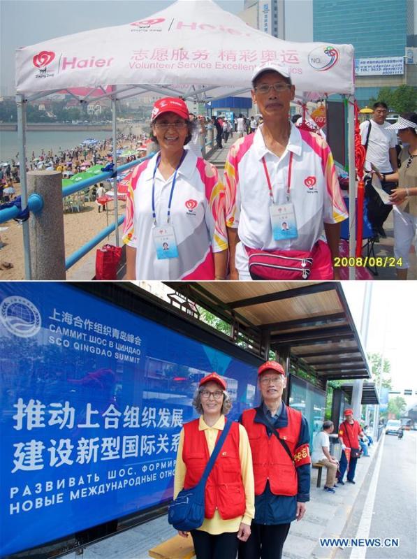 Upper photo taken on Aug. 24, 2008 shows Jiang Shifa (R) and his wife Lian Shifang as volunteers for the Beijing 2008 Olympic Games Sailing event in Qingdao; Lower photo taken on June 5, 2018 shows the couple as volunteers for the Shanghai Cooperation Organization (SCO) Qingdao Summit, in Qingdao, east China\'s Shandong Province. Jiang, 74 years old and his wife, 72 years old, have been volunteers for over ten years after retired from work. The couple feel thrilled to be volunteers for the upcoming SCO Qingdao Summit ten years after they served as volunteers for the Beijing 2008 Olympic Games Sailing event in Qingdao. (Photo/Xinhua)