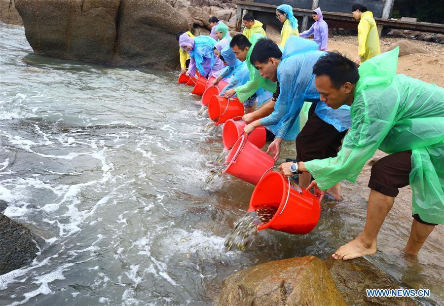 Volunteers free fries in Sanya, south China\'s Hainan Province, June 6, 2018. World Oceans Day, a UN-designated day held annually on June 8, aims to arouse people\'s consciousness to preserve oceans on Earth. (Xinhua/Chen Wenwu)