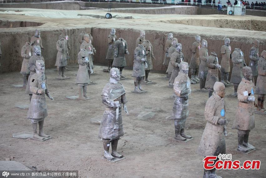 Life-sized terracotta warrior figures are seen clad in plastic greenhouse film, resembling \
