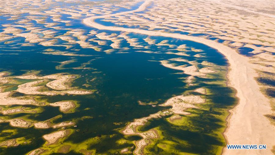 Aerial photo taken on June 9, 2018 shows a wetland in the Kubuqi Desert of Ordos City, north China\'s Inner Mongolia Autonomous Region. The wetland is formed by water of the Yellow River in flood period. (Xinhua/Peng Yuan)