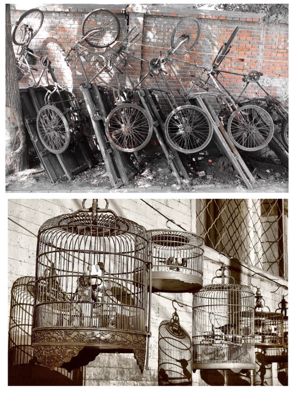 Bicycle carts and bamboo bird cages Qianmen Dashilar 2015. (Photo by Bruce Connolly/chinadaily.com.cn)

In the 1990s, while traveling through Beijing toward southwest China I would always spend a few days increasing my knowledge of the city’s many hidden gems. Regularly the names “Qianmen-Dashilar” appeared in my diary notes from those days — an area I discovered to be bustling with street life while retaining much of the capital\'s local cultural attributes.

While staying at Beixinqiao I would meander through hutong alleys leading to Yonghegong metro station. Twenty minutes later at Qianmen, a cafe overlooking the massive Zhengyangmen Gate complex, I ate breakfast, sat at the window and dreamed — dreams of Beijing, the area I was in and its many facets and episodes within the city’s long story. It was hard to imagine a canal once flowed through where I sat, but the local name West Heyan Street, or West Riverbank Street, remains as testimony.

The arched passageway through Zhengyangmen and Jianlou (Arrow Tower) is on the city’s historic axis line. It continues south along pedestrianized Qianmen Dajie, which until 1965 was known as Zhengyangmen Street. Qianmen refers to the “Front Gate” of the Ming Dynasty walls separating the imperial grandeur of the north from the vibrant, at times chaotic scenes of urban life in the south. Through the mid-2000s it remained a busy route, regularly clogged by diesel-powered buses from a now long-removed bus depot. But now, the gardens around Jianlou have since turned the area green.