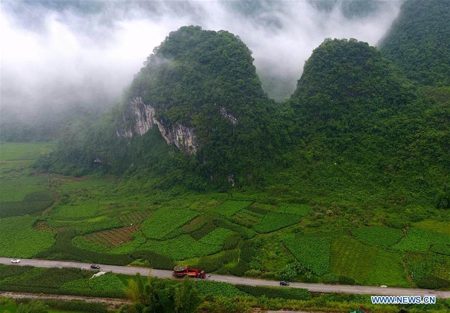 A truck carrying a giant bronze drum runs on a mountain road in Huanjiang Maonan Autonomous County, south China\'s Guangxi Zhuang Autonomous Region, June 12, 2018. The diameter of the drum is over six meters. It will be conveyed to Huazhumao plaza in Huanjiang. (Xinhua/Gao Dongfeng)