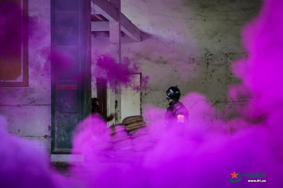 Soldiers use a smoke grenade to shield themselves as they pass through a room in the operation area during the week-long rigorous training starting from June 11, 2018. (Photo/81.cn)