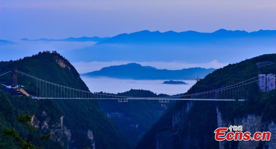 File photo of Zhangjiajie Grand Canyon Glass Bridge in Zhangjiajie City, Central China’s Hunan Province. The bridge, designed by the China Railway Major Bridge Reconnaissance & Design Institute, has won the Arthur G. Hayden Medal at the 35th International Bridge Conference (IBC), the pre-eminent arena for the world’s bridge industry. (Photo: China News Service/Wang Hu)