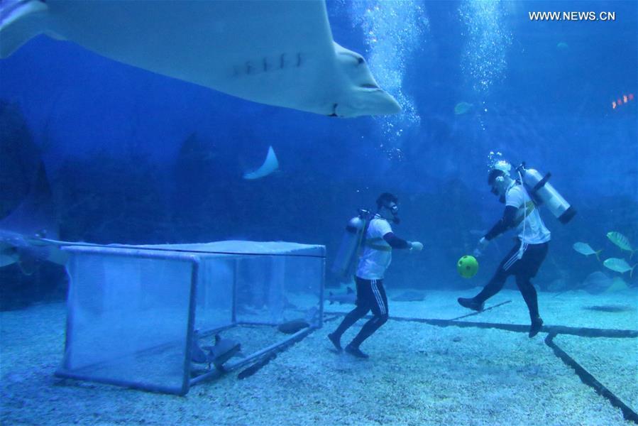 Divers play football at the Haichang Jingsha Ocean Park in Yantai, east China\'s Shandong Province, June 14, 2018. (Xinhua/Tang Ke)