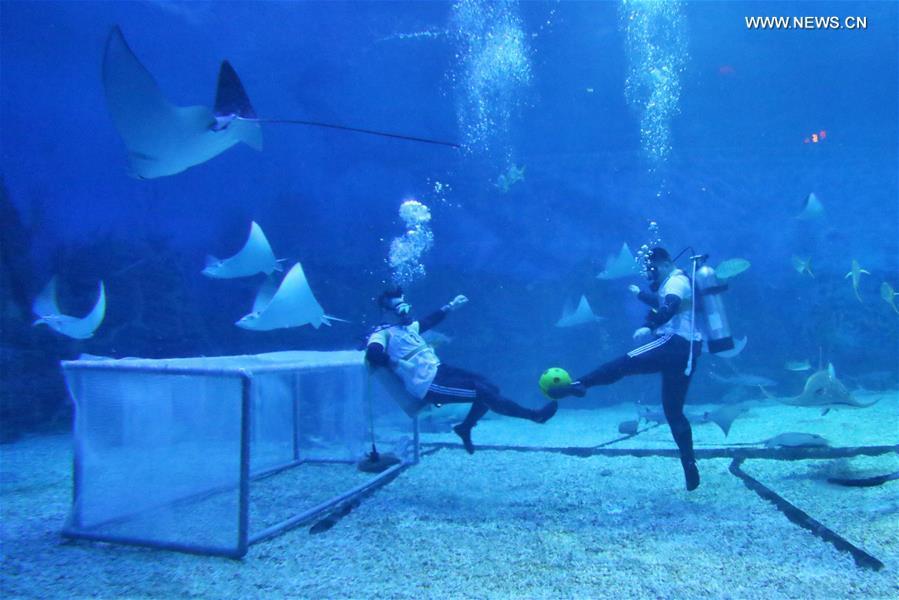 Divers play football at the Haichang Jingsha Ocean Park in Yantai, east China\'s Shandong Province, June 14, 2018. (Xinhua/Tang Ke)