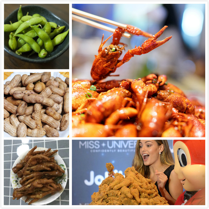 Food

China has numerous delicacies such as spicy crayfish, marinated chicken feet, peanuts, green soybeans and fried chicken. These will satisfy fans\' stomachs. (Photo/chinadaily.com.cn)