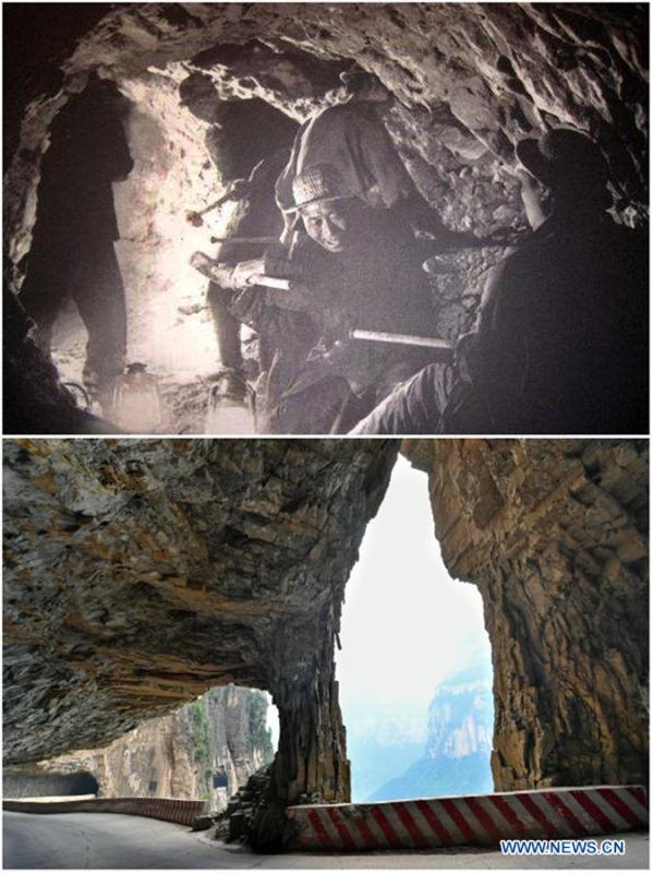 File photo (upper) shows villagers building a road in cliffs of Shenlongwan Village in Changzhi City, north China\'s Shanxi Province and photo (lower) shows the completed cliff road on June 13, 2018. A 1,526-meter-long road was built along the cliffs to connect isolated Shenlongwan to the outside. The construction of this miraculous road lasted for fifteen years from 1985 to 2000, and was built purely by villagers of Shenlongwan. Thanks to this road, villagers here now cast off poverty by developing tourism. (Xinhua/Cao Yang)