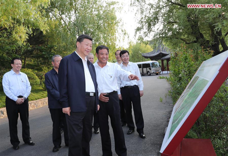 Chinese President Xi Jinping, also general secretary of the Communist Party of China (CPC) Central Committee and chairman of the Central Military Commission, inspects an ecological restoration project in Weihai City of east China\'s Shandong Province, June 12, 2018. Xi made an inspection tour in Shandong from June 12 to 14. (Xinhua/Xie Huanchi)