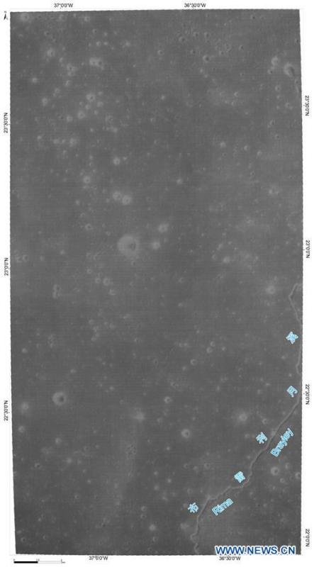 A released photo shows part of the Mare Imbrium on the moon. China and Saudi Arabia on June 14, 2018 jointly unveiled three lunar images acquired through cooperation on the relay satellite mission for Chang\'e-4 lunar probe. An optical camera, developed by the King Abdulaziz City for Science and Technology of Saudi Arabia, was installed on a micro satellite, named Longjiang-2. The micro satellite is orbiting around the Moon. The camera, which began to work on May 28, has conducted observations of the Moon and acquired a series of clear lunar images and data. (Xinhua)