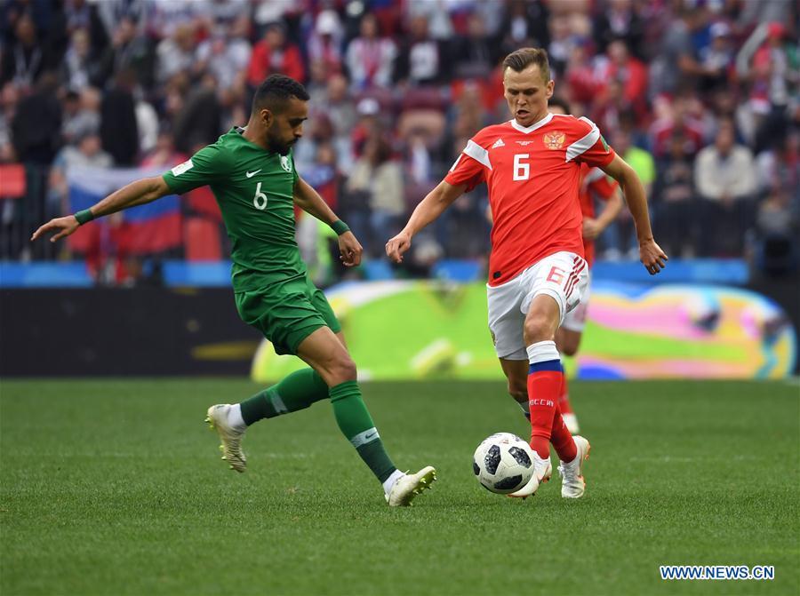 Russia\'s players celebrate their victory against Saudi Arabia during the opening match of the 2018 FIFA World Cup in Moscow, Russia, on June 14, 2018. Russia won 5-0. (Xinhua/Yang Lei)
