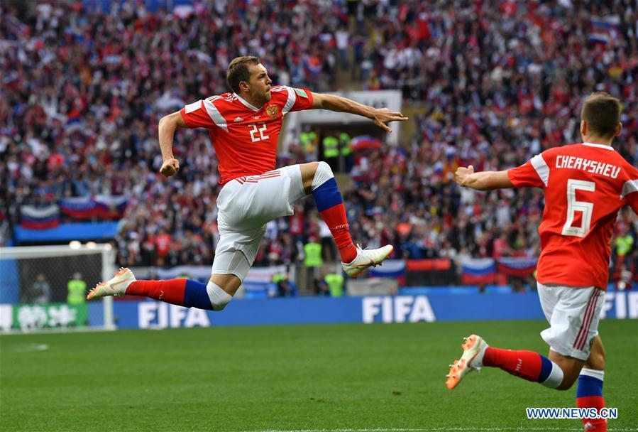Russia\'s Artem Dzyuba celebrates his goal against Saudi Arabia during the opening match of the 2018 FIFA World Cup in Moscow, Russia, on June 14, 2018. (Xinhua/Chen Cheng)