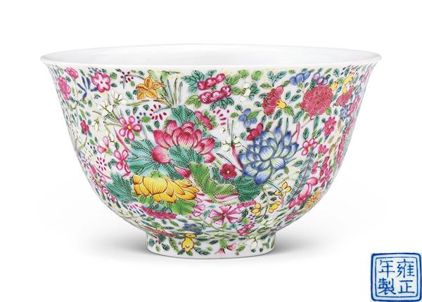 An enamel bowl made for emperor Yongzheng. (Photo provided to China Daily)

Another art book up for auction focuses on 12 kinds of flowers painted by Qian Weicheng-a top official who was in charge of penalties and justice for Qianlong-and was treasured by the emperor. He wrote poems for every flower depicted in the art book. On the painting of a branch of wintersweet, Qianlong wrote that the flower enjoys the qualities of purity and elegance.

In the Forbidden City, where the emperor used to live, he personally planted lots of plum trees around his living room. On his table stands a screen with a jade board engraved with his poems, recording his journey to a plum tree garden in the suburb of Suzhou in Jiangsu province, a city known for its gardens.

Qianlong was so fond of the plum tree garden that he visited it six times. The jade board of the table screen to be auctioned has a trio of poems related to three of the emperor\'s visits there.

Also on the docket is a ring worn by the ruler, with the pattern of a chrysanthemum engraved on the gem.

He not only used these items, with their floral elements, but also painted them in ink.