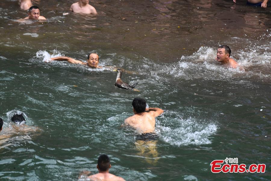Participants compete to grab ducks during a folk event to celebrate the Dragon Boat Festival in the Tuojiang River in Phoenix Ancient Town, Central China’s Hunan Province, June 18, 2018. The duck-chasing tradition in the river has a 100-year history. (Photo: China News Service/Yang Huafeng)