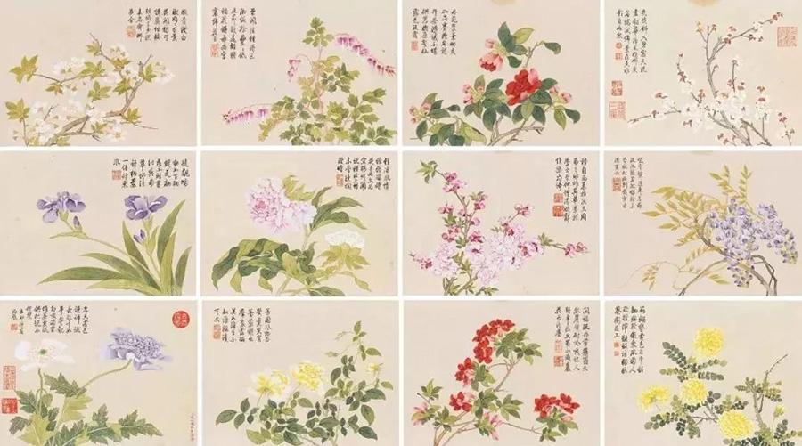 12 flowers painted by Qian Weicheng. (Photo provided to China Daily)

Emperor Qianlong, whose six-decade reign in the Qing Dynasty (1644-1911) was the longest in Chinese history, loved flowers in daily life, which was reflected in his gardens, poems, paintings and the decoration of the items he used in his bedrooms.

A series of rare antiques, paintings and even jewelry to go under the hammer at China Guardian\'s spring auction this week offers a glimpse into the emperor\'s deep passion for flowers, especially his favorite blooms such as wintersweet, chrysanthemum and peach blossom.

The highlight of the spring auction is a blue-and-white vase with a painting of the utopian world from ancient poet Tao Yuanming\'s fable The Story of Peach Blossom Spring, in which people live in harmony with nature and forget the outside world.

The vase was recorded in ceramic expert Geng Baochang\'s book on ceramic antiques as a typical vase that represented the best technique and craftsmanship of emperor Qianglong\'s era. The ruler was a passionate patron of the arts.
