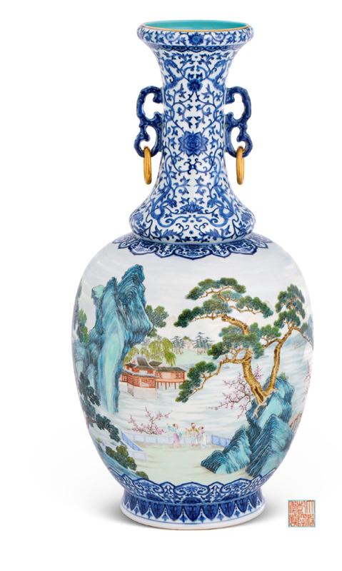The blue-and-white vase with a painting of the utopia world from a fable, 12 kinds of flowers painted by Qian Weicheng and treasured by emperor Qianlong, and an enamel bowl made for emperor Yongzheng, are among the lots of China Guardian\'s spring auction. (Photo provided to China Daily)

Yu Daming, general manager of the ceramics and works of the art department with China Guardian, says Qianlong wrote a poem to express his love for the utopian world in Tao\'s fable, which was also the dream of many intellectuals in Chinese history.

Through the vase, the emperor could obtain a travel-like experience by enjoying the landscape where lots of peach blossoms scatter around the mountains and along a river.

\