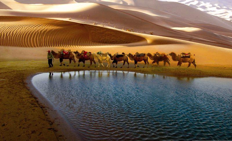 Scenery from the Badain Jaran desert in Alshaa league, North China\'s Inner Mongolia autonomous region. Sapphire-blue lakes coexist with high and low sand hills, presenting an interesting blend of barren and lush landscapes. (Photo/China Daily)