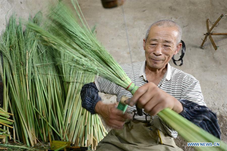 A man makes a broom at a broom professional cooperative in Maozhuang Town of Laoting County, north China\'s Hebei Province, June 19, 2018. Maozhuang Town has a long history in handmade brooms. In recent years, the town has set up several professional cooperatives on broom to manage this specialty industry intensively. At present, brooms produced in the town have been sold to many foreign markets such as South Korea and Japan, with annual export earnings reaching over 20 million yuan (3.09 mln U.S. dollars). (Xinhua/Mu Yu)