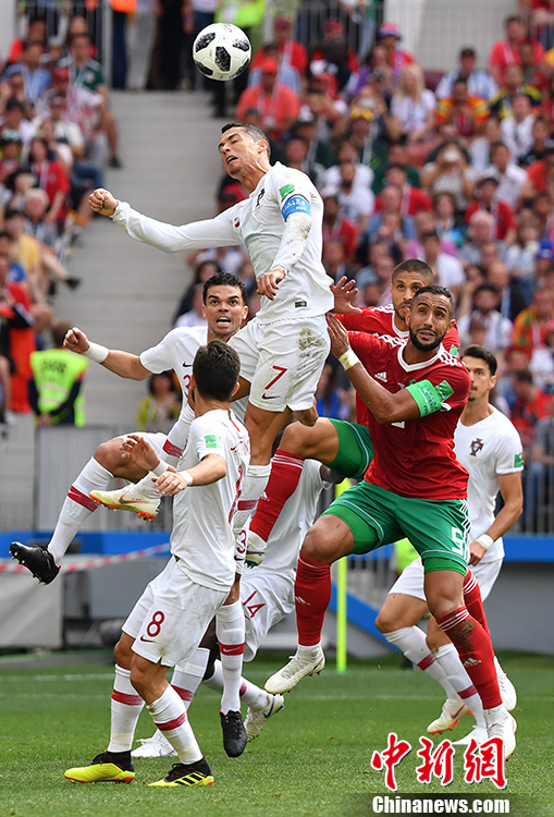 A match between Portugal and Morocco in a Group B match of the World Cup at Luzhniki Stadium, Moscow, Russia, June 20, 2018. (Photo: China News Service/Mao Jianjun)