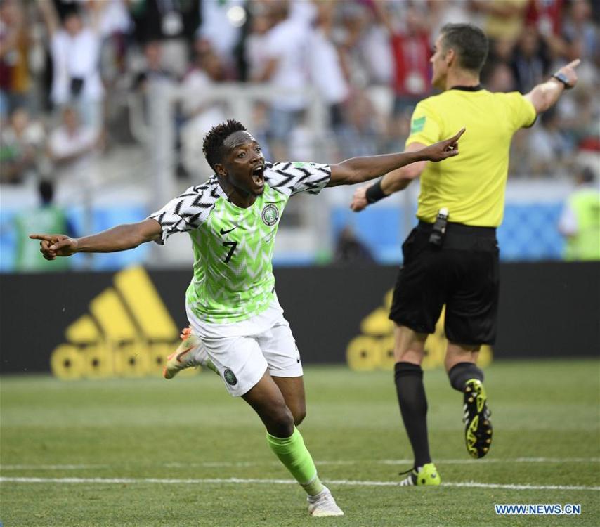 Ahmed Musa (L) of Nigeria celebrates his scoring during the 2018 FIFA World Cup Group D match between Nigeria and Iceland in Volgograd, Russia, June 22, 2018. Nigeria won 2-0. (Xinhua/Lui Siu Wai)