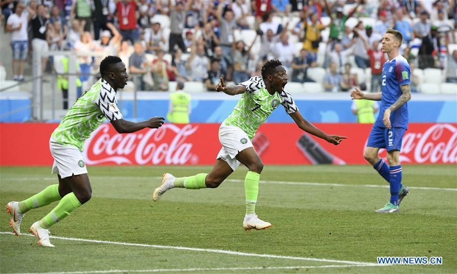 Ahmed Musa (C) of Nigeria celebrates his scoring during the 2018 FIFA World Cup Group D match between Nigeria and Iceland in Volgograd, Russia, June 22, 2018. (Xinhua/Lui Siu Wai)