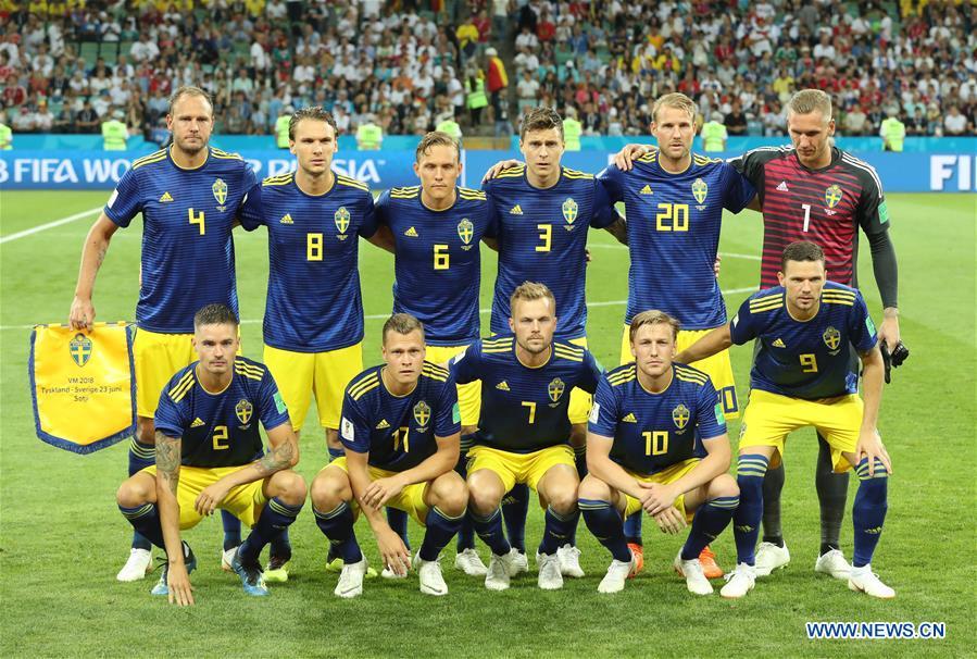 Players of Sweden pose for a group photo prior to the 2018 FIFA World Cup Group F match between Germany and Sweden in Sochi, Russia, June 23, 2018. (Xinhua/Fei Maohua)