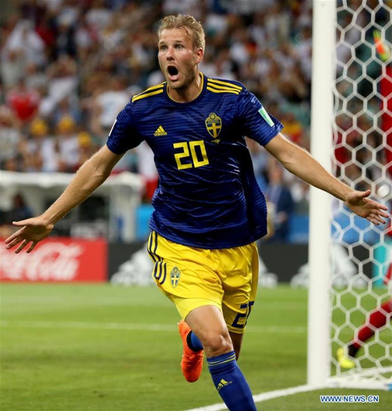 Ola Toivonen of Sweden celebrates his scoring during the 2018 FIFA World Cup Group F match between Germany and Sweden in Sochi, Russia, June 23, 2018. (Xinhua/Li Ming)